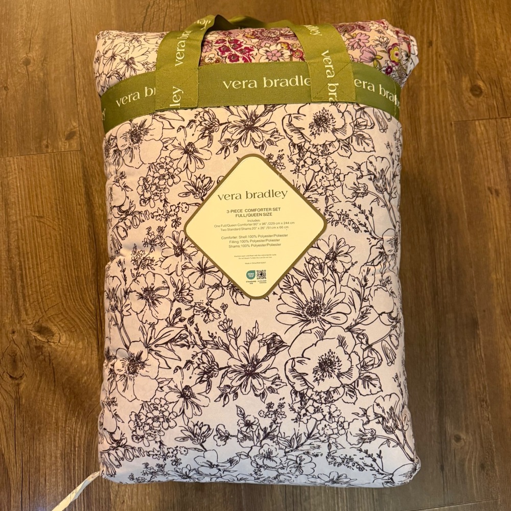 Vera Bradley Comforter Set Full Queen White Black Purple Floral Reversible 3pc